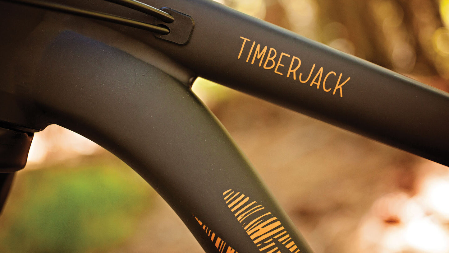 Close-up of a bicycle frame with 'TIMBERJACK' branding against a blurred natural background.