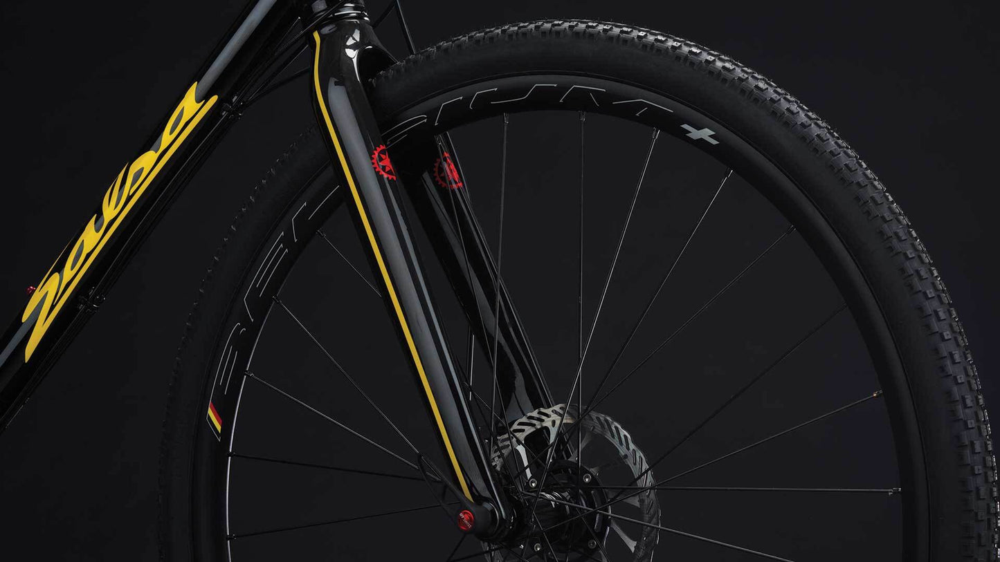 Salsa Vaya Ti bike black color fork, down tube and front wheel focus