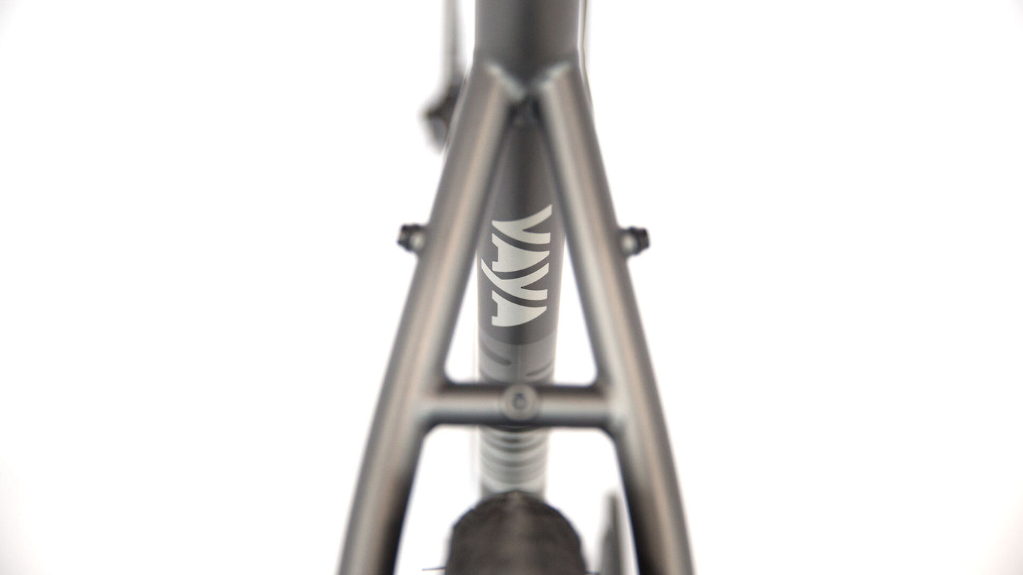 Close-up of a bicycle frame with a brand logo on a white background