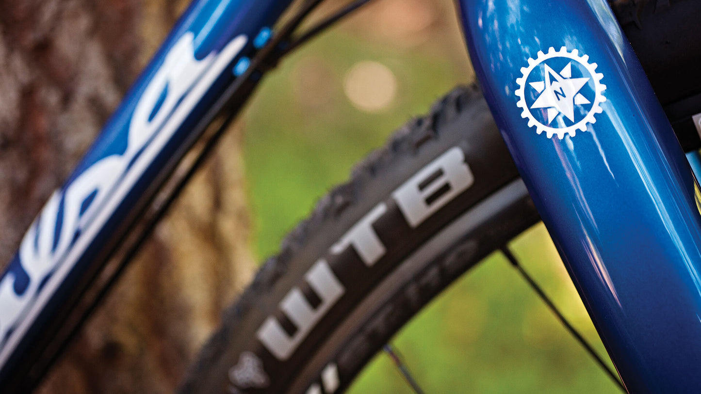 Close-up of a blue bicycle frame with a brand logo, tree in the background