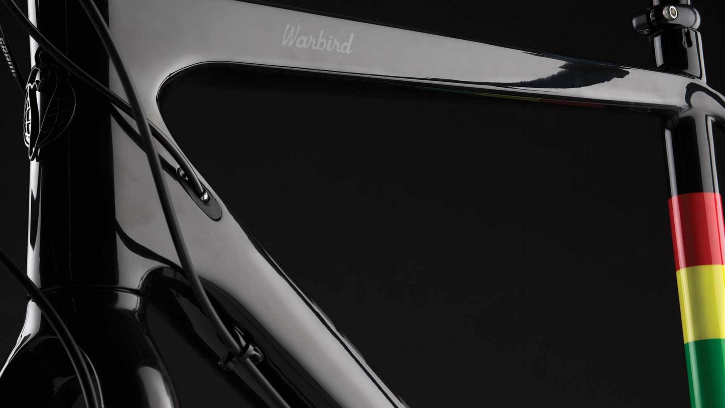 Close-up of a bicycle frame with 'Warbird' branding on a black background