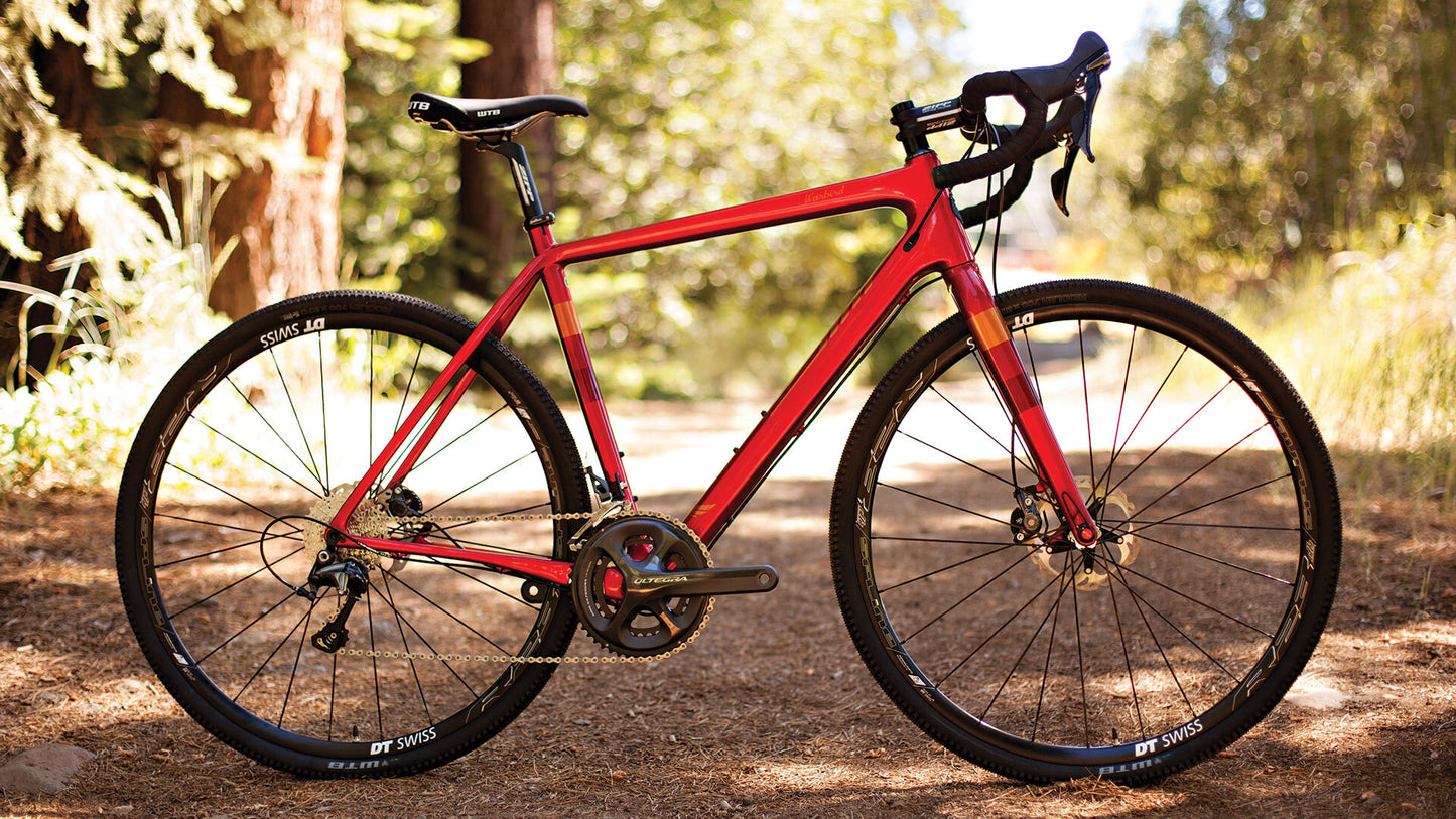 Warbird Carbon Ultegra bike red color side view outdoors on forest road