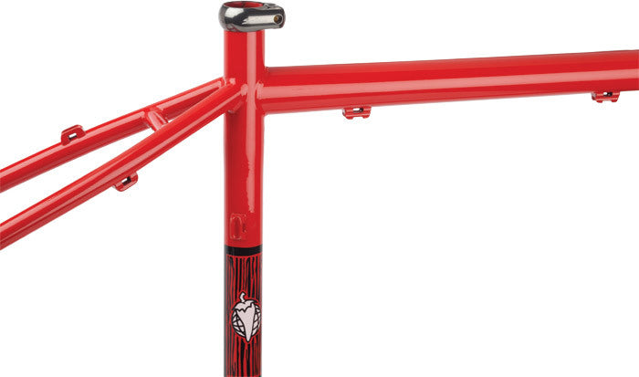 Salsa El Mariachi 3 frame red color top tube and seat tube area focus
