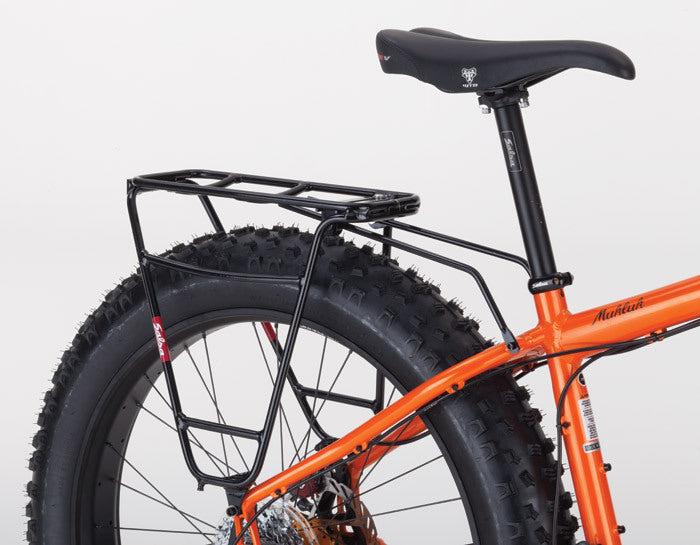 Salsa Mukluk 3 bike orange color back of bike focus showing rear rack fitment