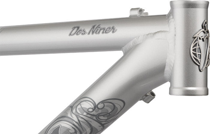Salsa Dos Niner frame silver color head tube area focus