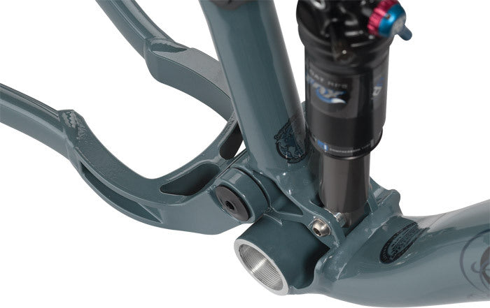 Salsa El Kaboing frame gray color lower shock mount and bottom bracket area focus