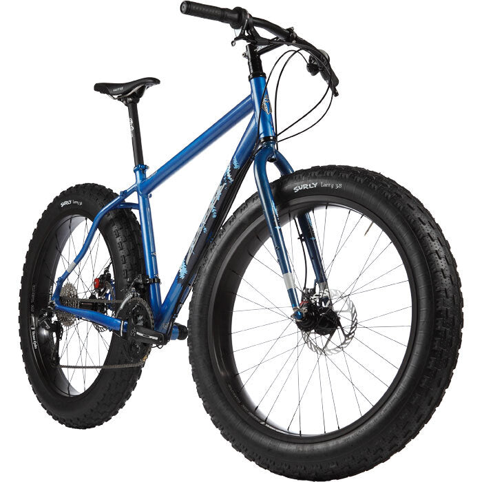 Salsa Mukluk bike blue color front three-quarter view