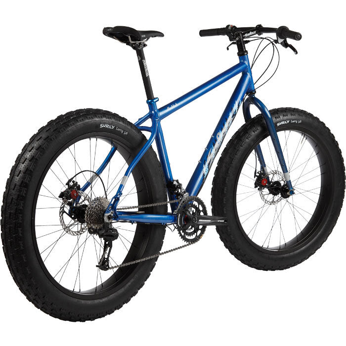 Salsa Mukluk bike blue color rear three-quarter view