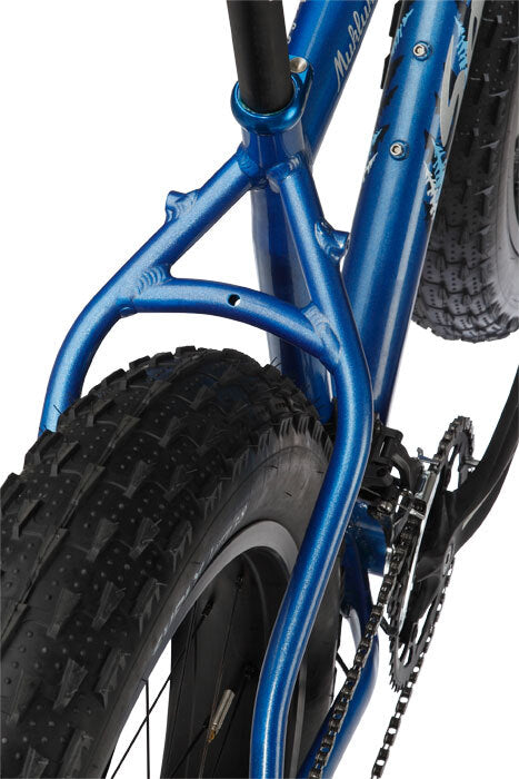 Salsa Mukluk bike blue color front three-quarter view rear tire clearance focus