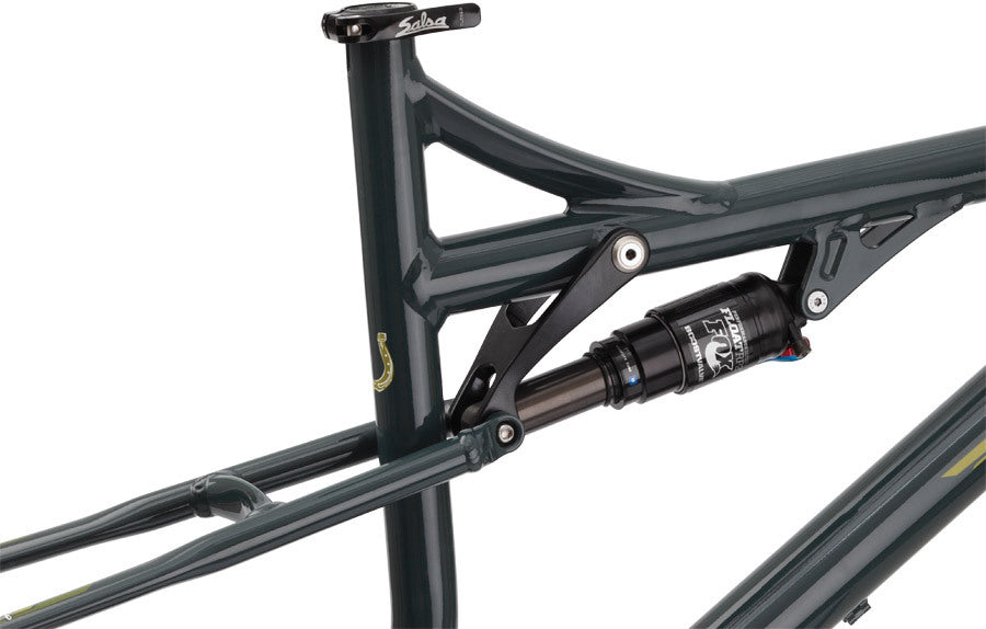 Salsa Horsethief frame green color linkage and rear shock area focus