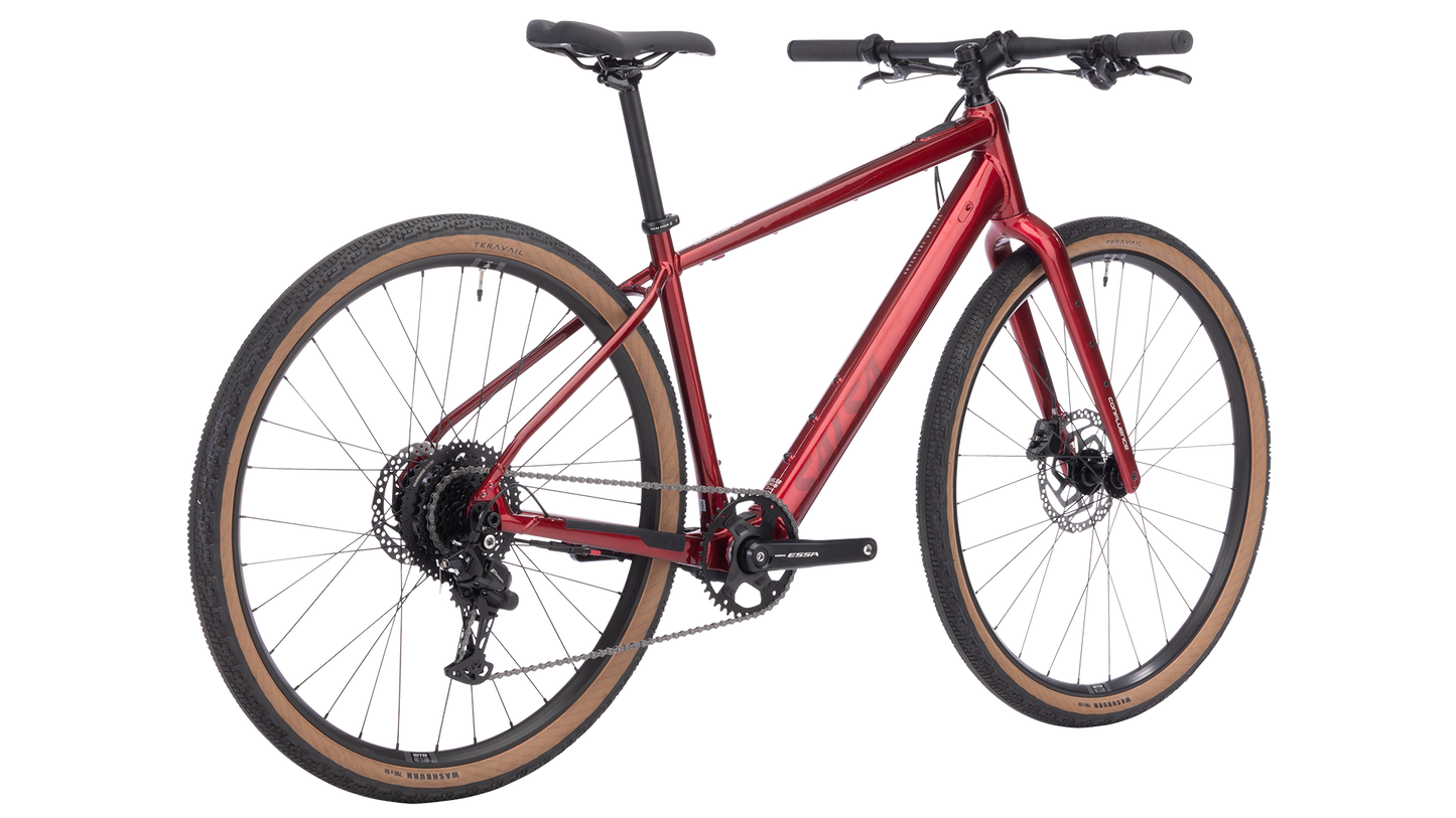 Salsa Confluence Flat Bar Essa 8 Ebike - Canyon Red - Drive side rear three quarter view