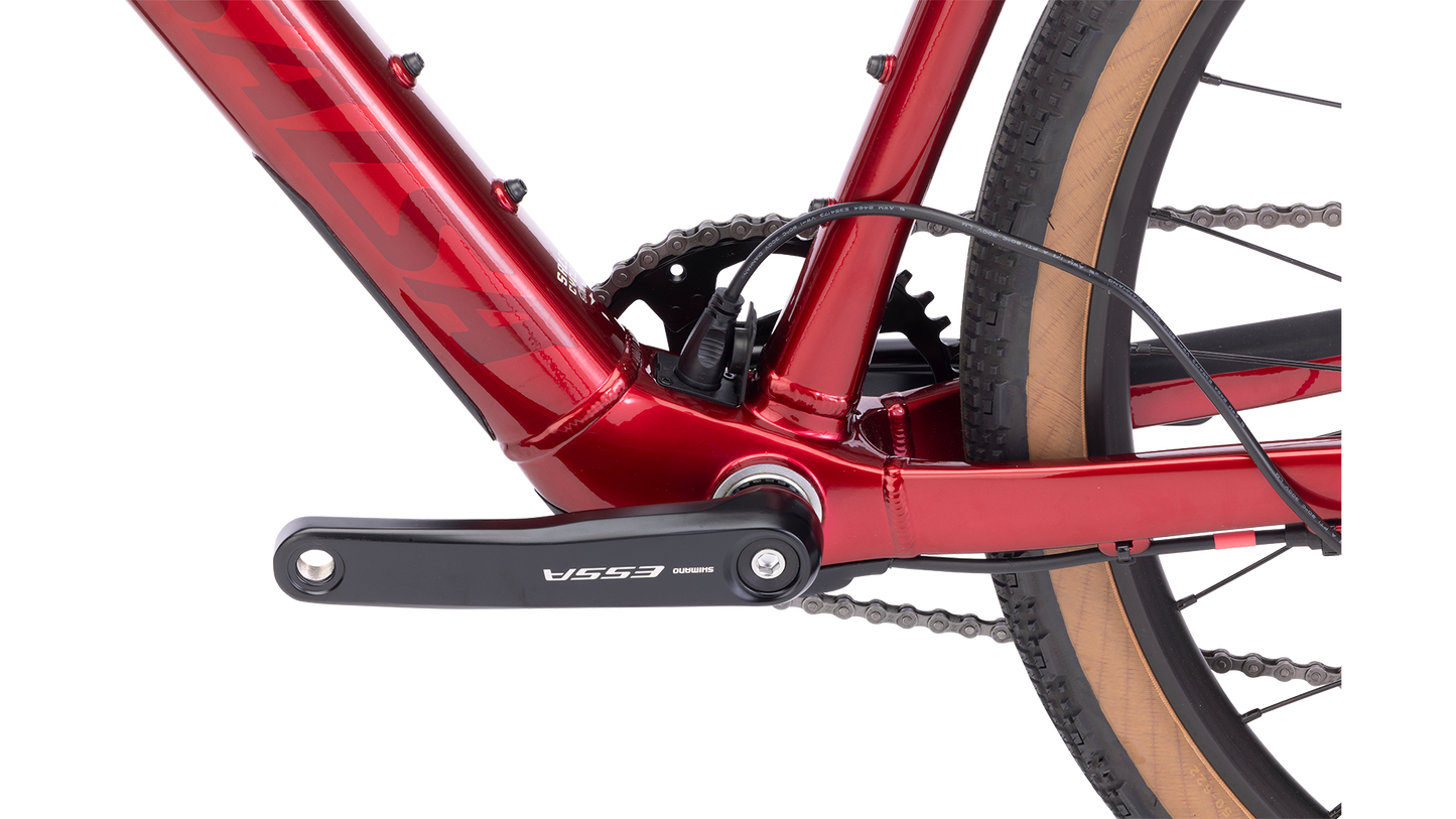 Salsa Confluence Flat Bar Essa 8 Ebike - Canyon Red - Frame Detail View with Power Cord Extending From Charging Port
