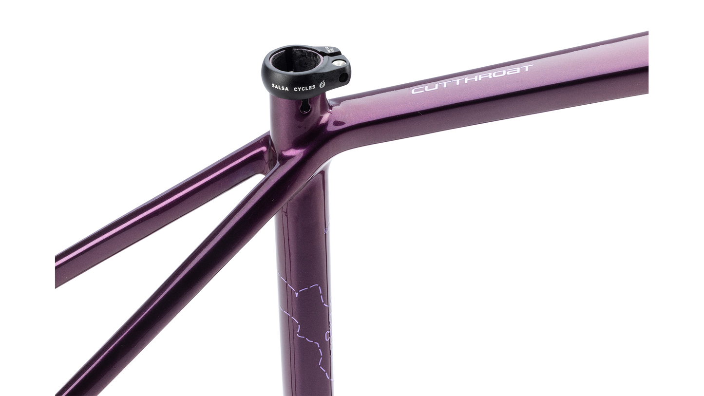 Salsa Cutthroat Gravel Bike Frameset - Deep Orchid - Seat tube closeup view with "Cutthroat" branding on frame