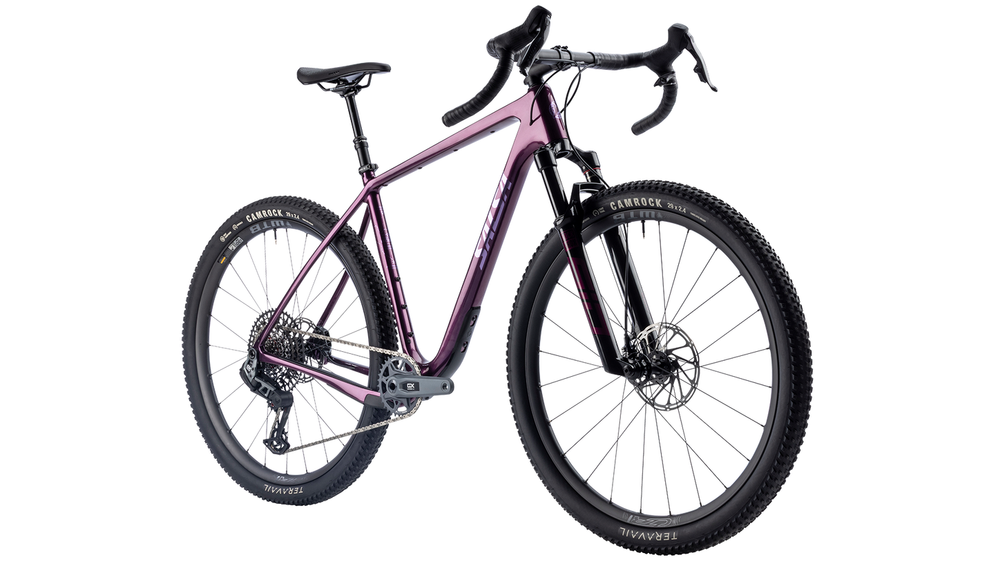 Salsa Cutthroat Rival GX AXS Suspension Gravel Bike - Deep Orchid - Front three quarter view