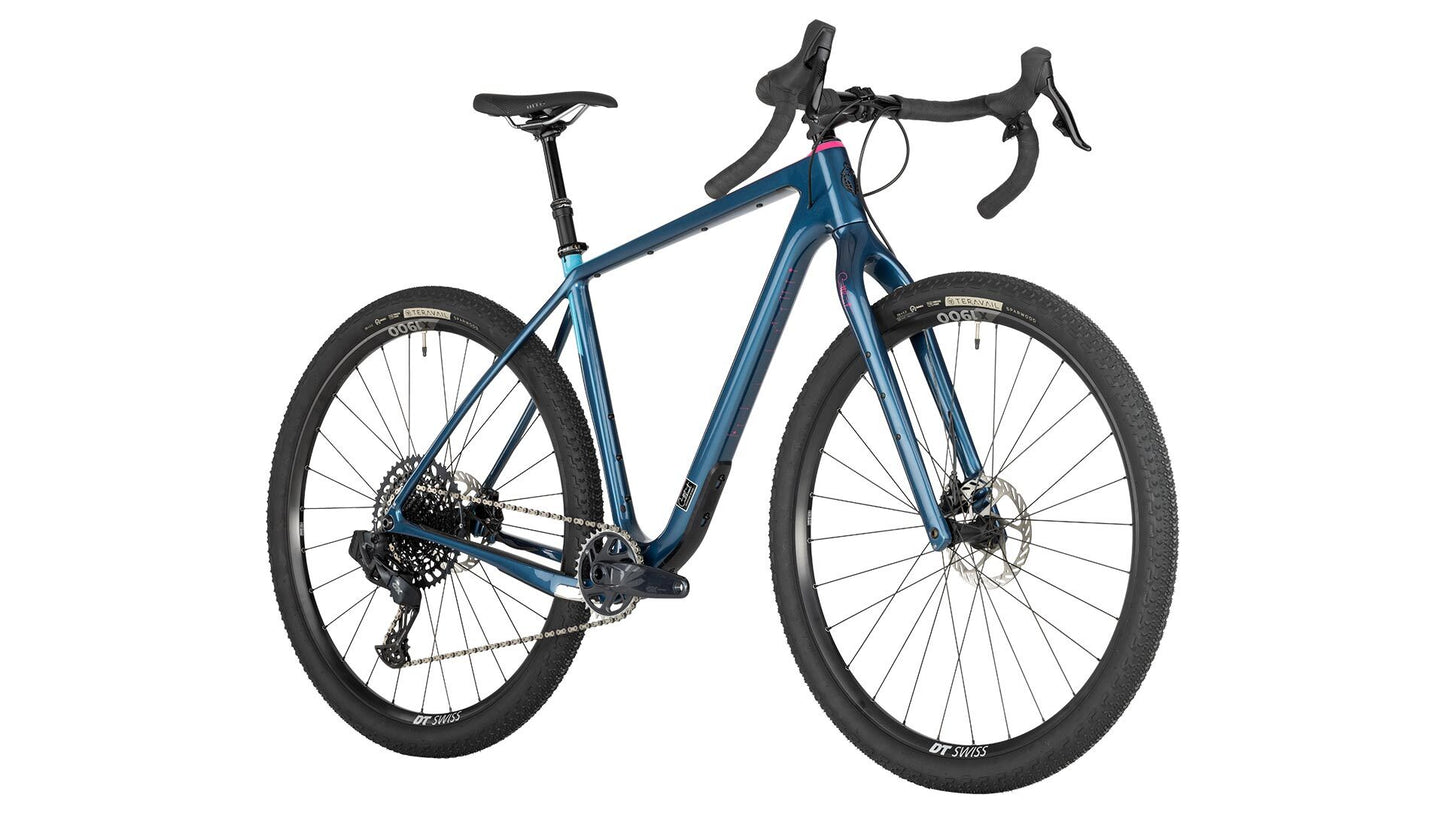 Salsa Cutthroat C GX Eagle AXS bike, blue color, front three-quarter view on white background