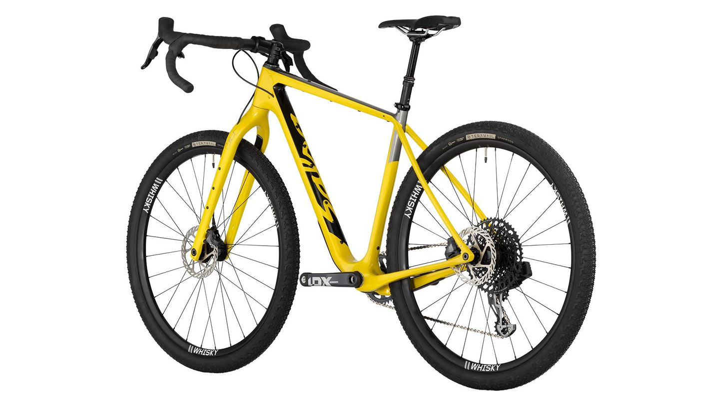 Salsa Cutthroat C XO1 Eagle AXS bike, yellow color, rear three-quarter view on white background