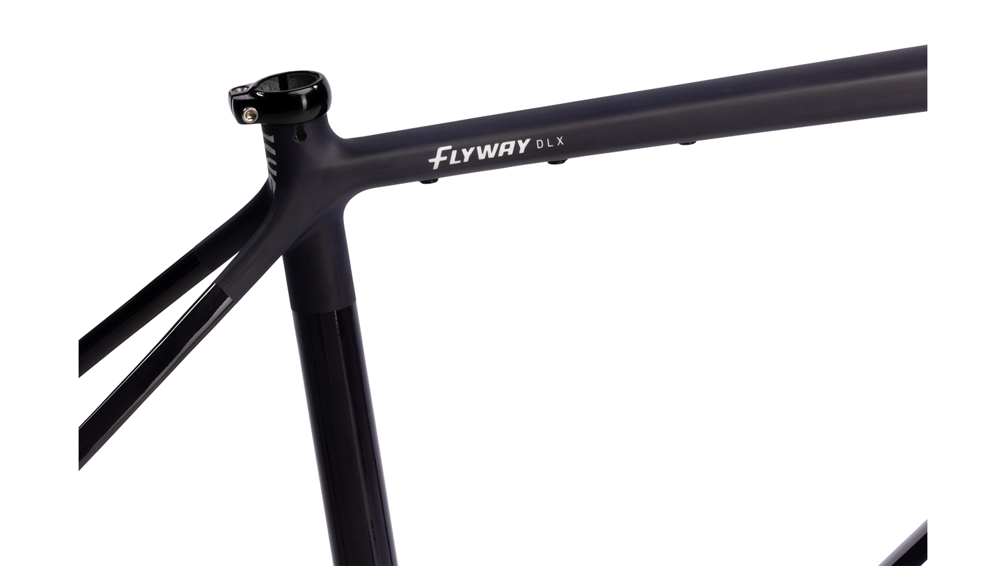 Salsa Flyway DLX Carbon Frameset - Midnight - Closeup of top tube and seat tube with "Flyway DLX" branding