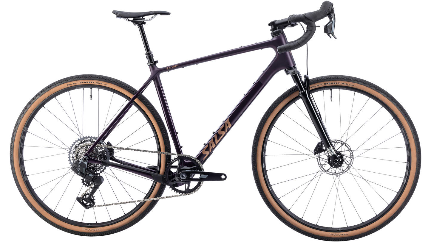 Salsa Flyway Rival XPLR Suspension gravel bike - Blackberry - side profile view