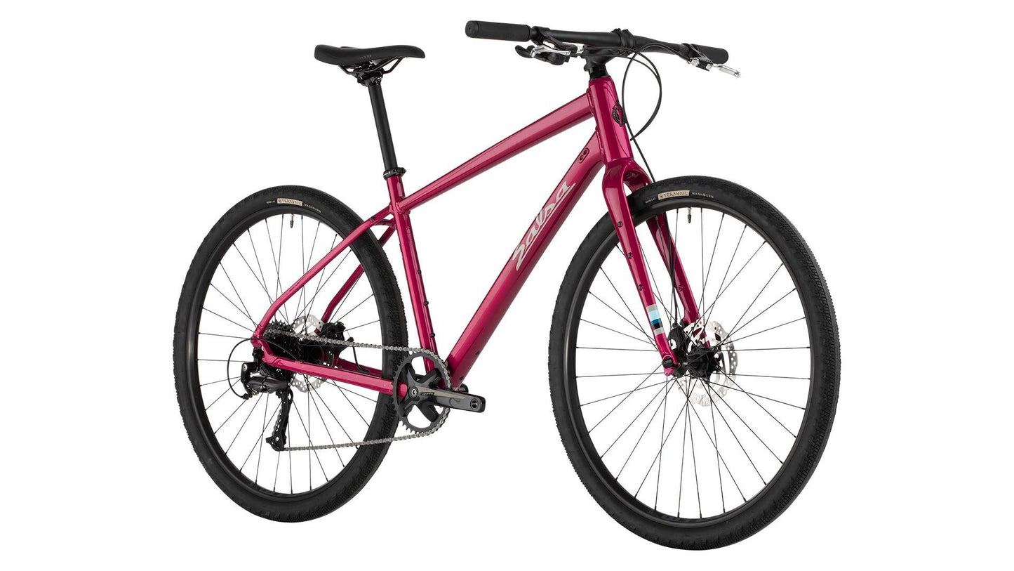 Salsa Journeyer Flat Bar Acolyte 650b bike magenta color front three-quarter view