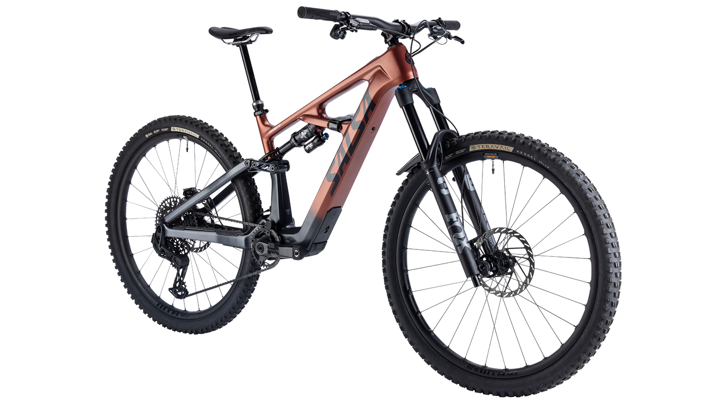 Salsa Moraine Carbon MTB Ebike - Charcoal/Red Cedar - Front three quarter view