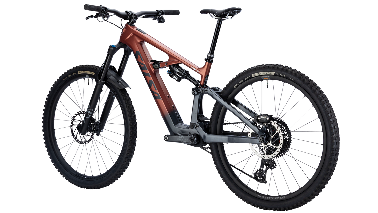 Salsa Moraine Carbon MTB Ebike - Charcoal/Red Cedar - Rear Three Quarter View