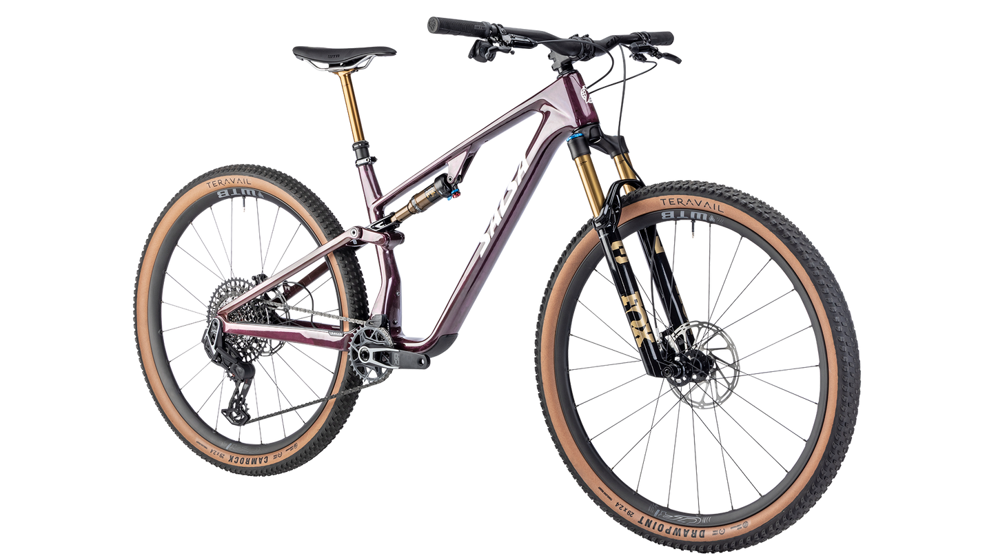 Salsa Spearfish DLX Full Sus MTB - Deep Orchid Carbon - Front three quarter view