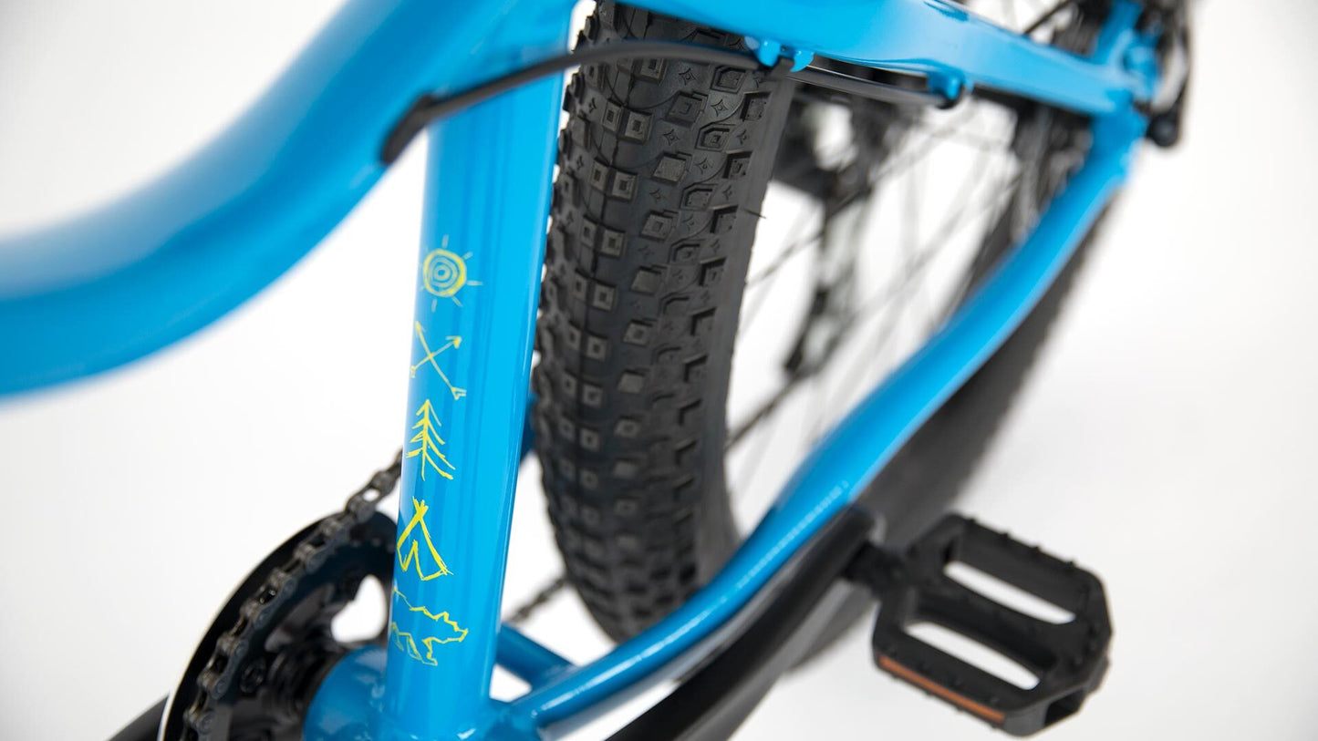 Close-up of a blue bicycle frame with black tire and pedal on a white background