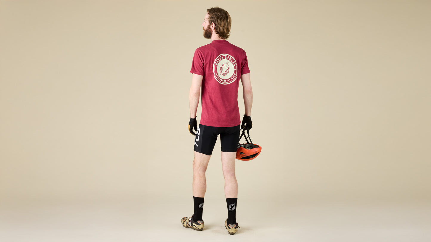 Male model faces the back while wearing the Salsa logo t-shirt in red