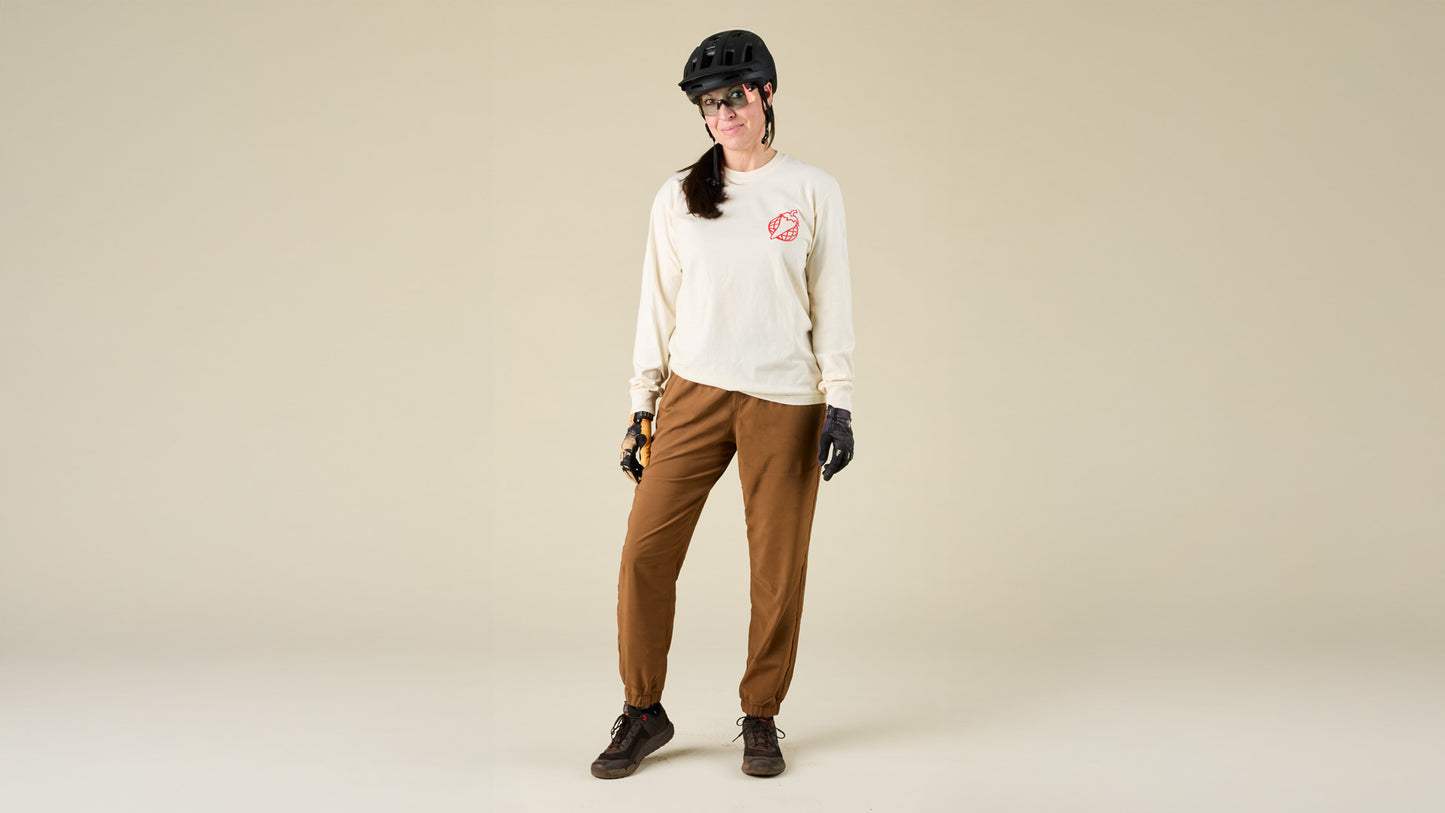 Model wearing a helmet wears the Salsa longsleeve logo tee front