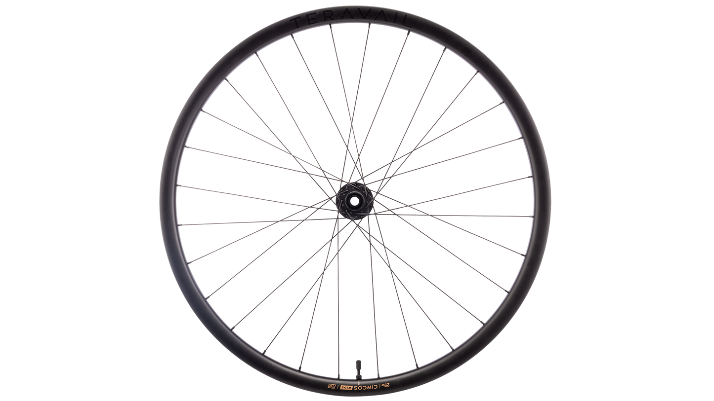 A black bicycle wheel with thin silver spokes, shown against a solid white background.
