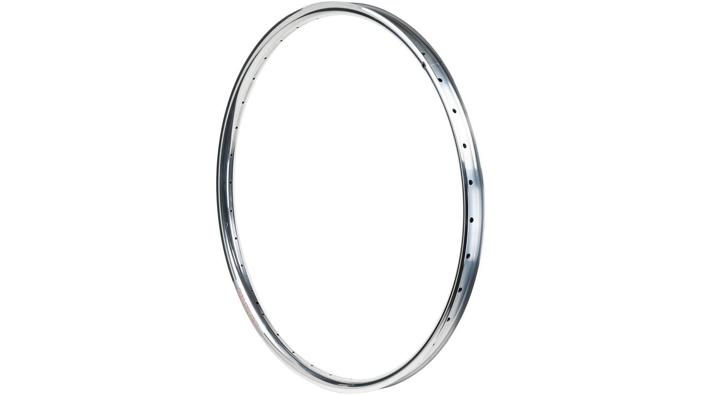 A single metallic bicycle wheel rim shown upright against a plain white background.