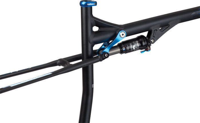 Salsa Spearfish 1 frame black and blue color rear shock and link area focus