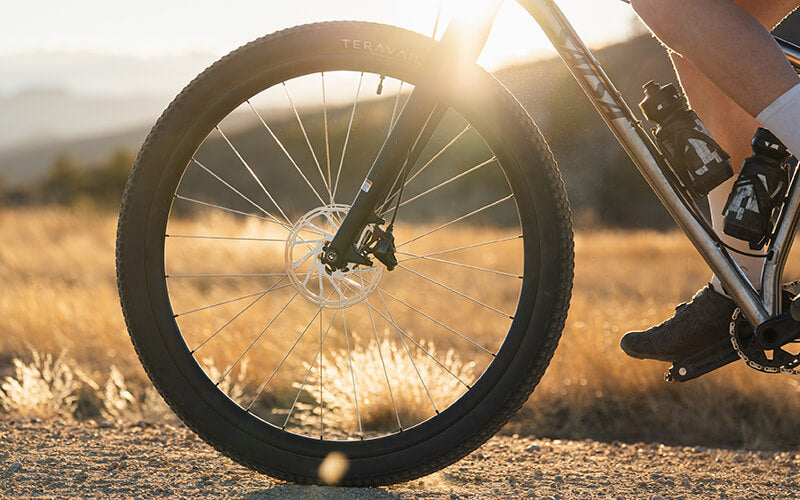 Close-up of a mountain bike wheel and part of the rider's leg and foot, with warm golden sunlight and a blurred outdoor field in the background.