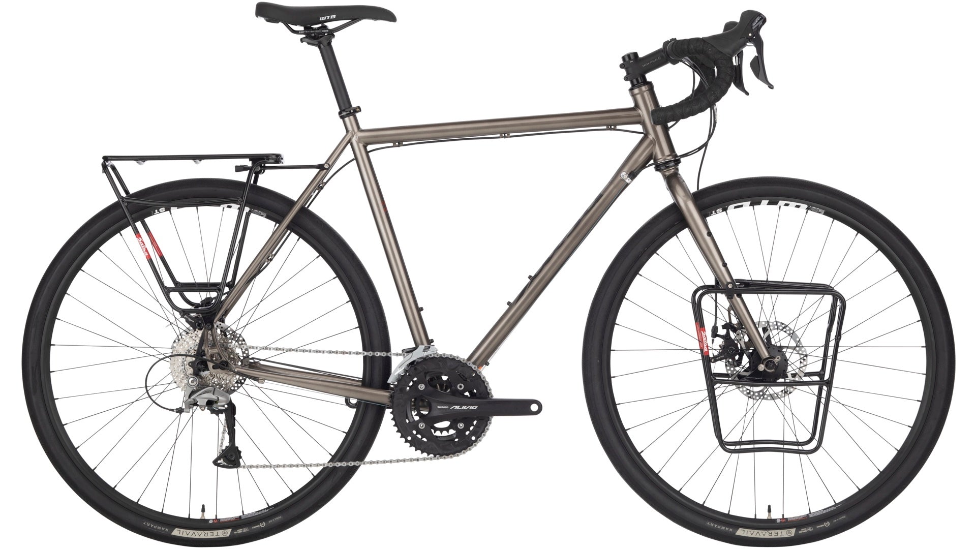 Salsa Marrakesh Sora bike gray color with front and rear racks side view