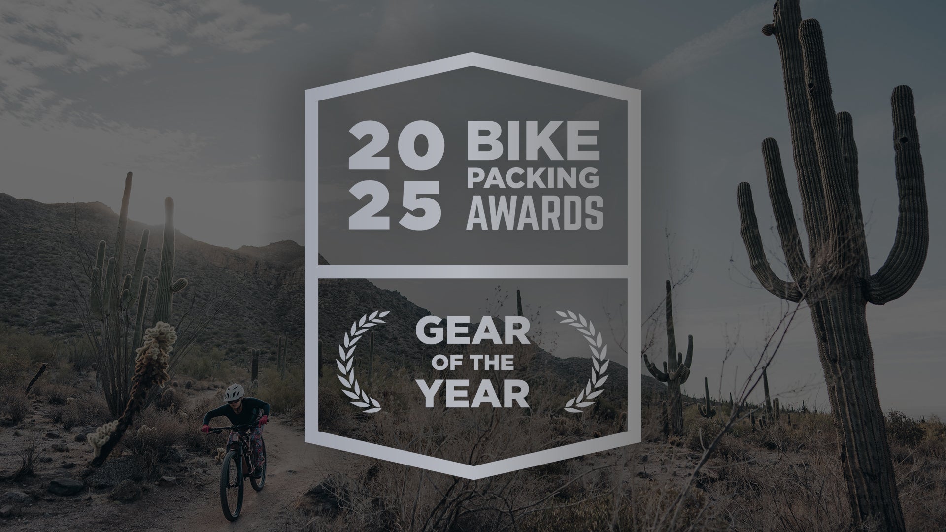 2025 Bikepacking Awards - Gear of the Year 2025 Winner - Salsa Spearfish Mountain Bike. In the background a cyclist rides their Spearfish through a desert landscape.