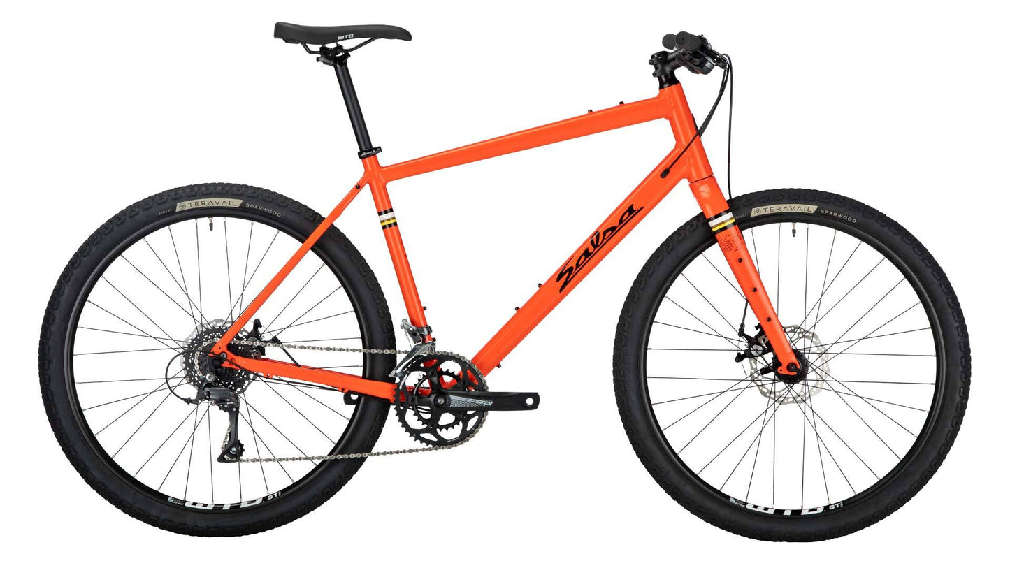 Salsa Journeyman Claris 650b flat bar bike orange color side view