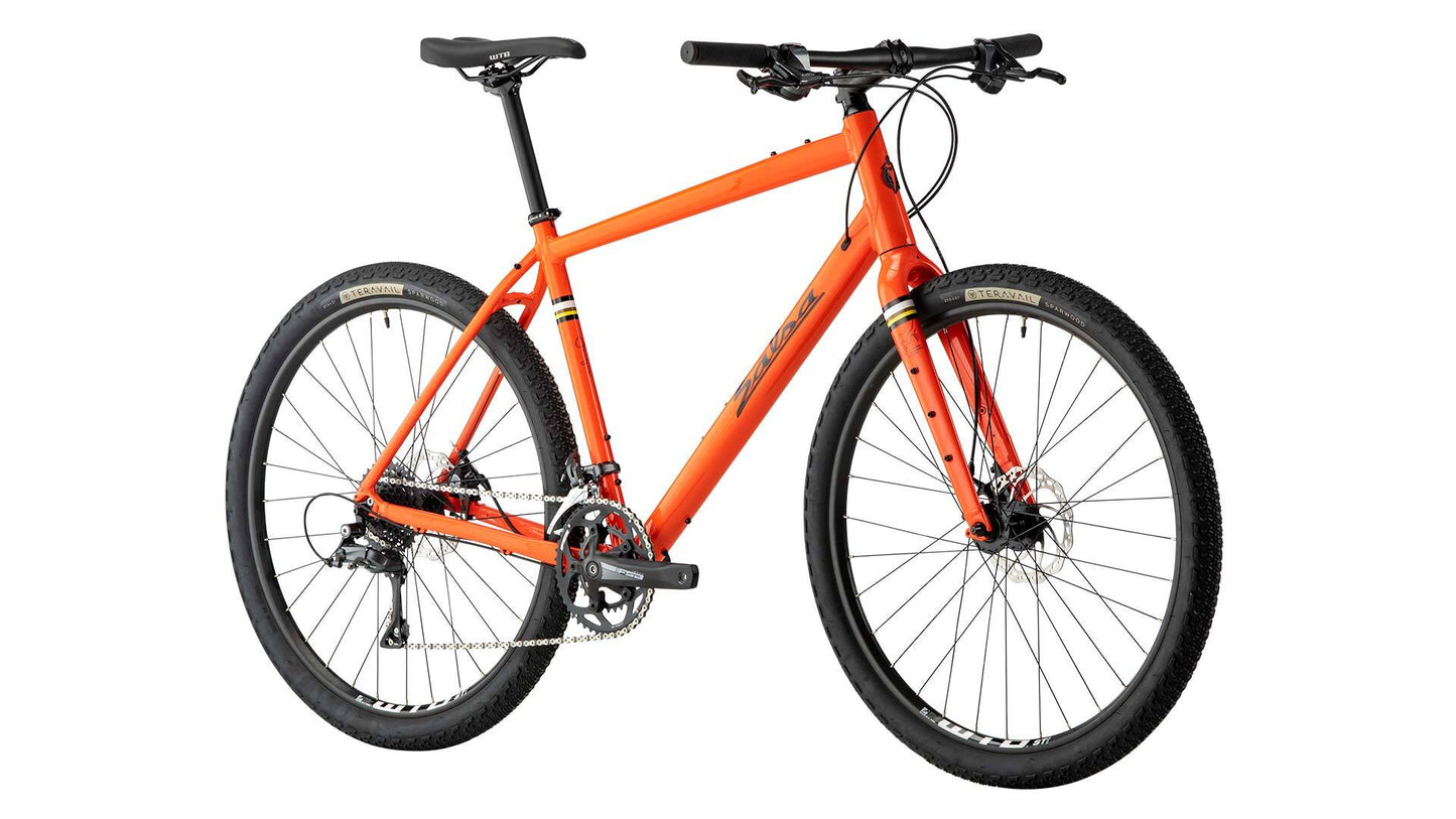 Salsa Journeyman Claris 650b flat bar bike orange color front three-quarter view