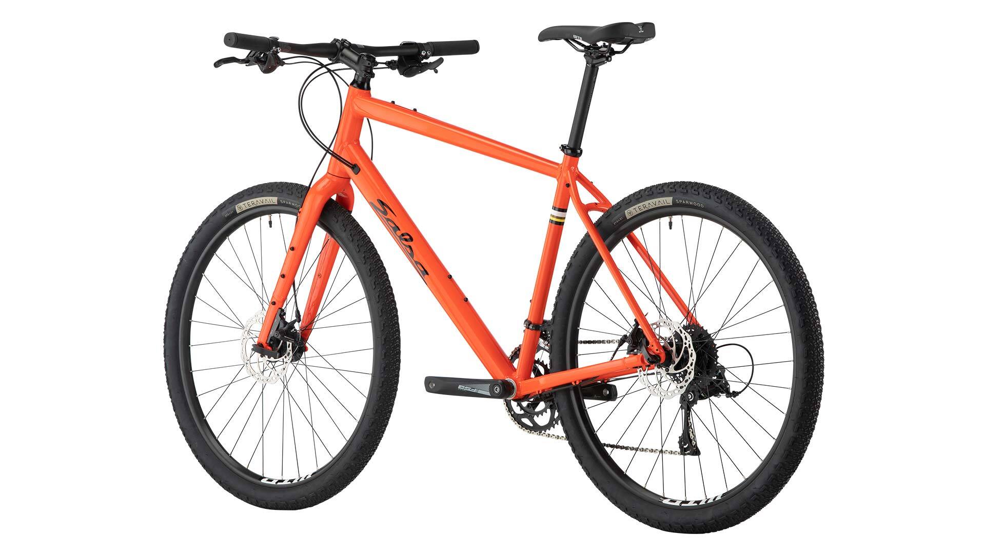 Salsa Journeyman Claris 650b flat bar bike orange color rear three-quarter view