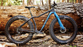 Mukluk Carbon XO1 bike carbon and blue color side view next to downed tree 