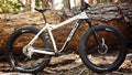 Salsa Mukluk NX1 SUS bike white and black color side view outside next to downed tree