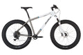 Salsa Mukluk Ti bike with suspension fork front half of frame painted white side view