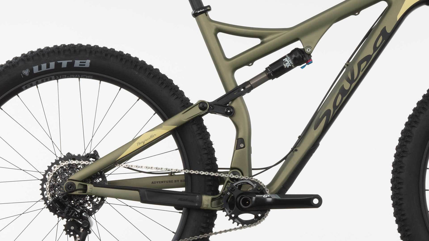 Salsa Pony Rustler Carbon GX1 bike green color side view bottom of bike focus