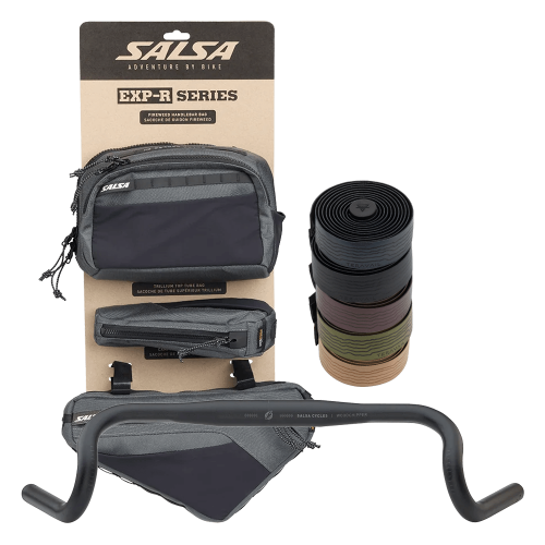 Salsa Adventure by Bike Exp-R Series bike bar set including a black and gray handlebar bag, a black saddle bag, a stack of grip tape in black, brown, green, and tan, and a black handlebar shown on a white background.