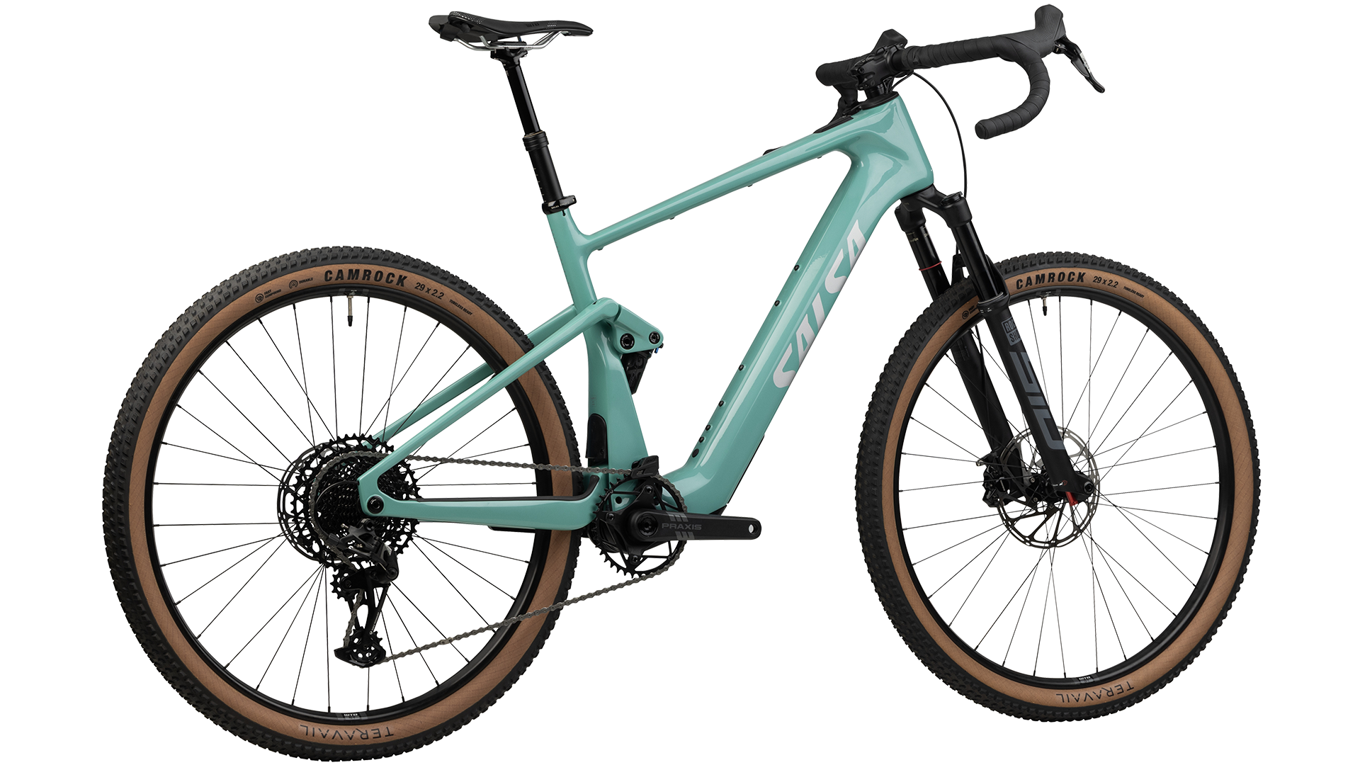 Salsa Wanderosa C Apex Eagle Full Suspension Gravel Ebike - Green - Rear three quarter view