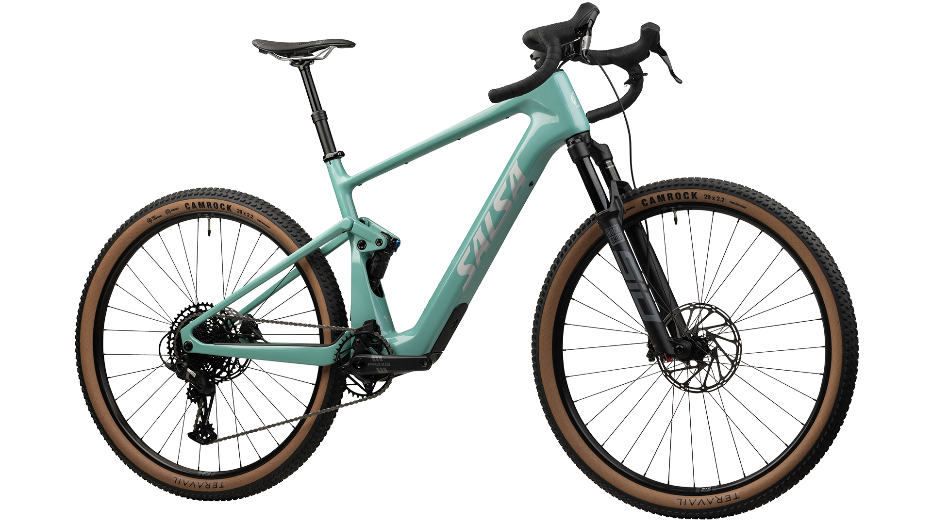 Salsa Wanderosa C Apex Eagle Full Suspension Gravel Ebike - Green - Front three quarter view