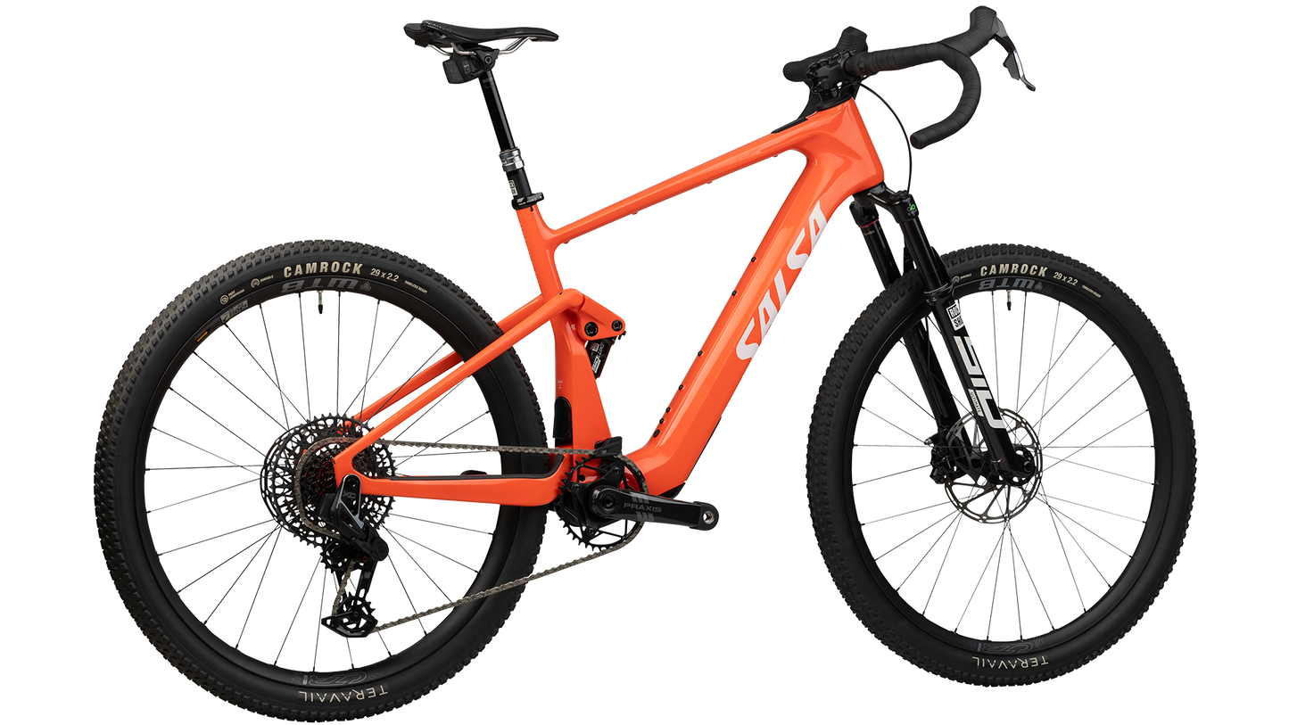Salsa Wanderosa C Force XO AXS Full Susepension Gravel Ebike - Coral - Rear three quarter view