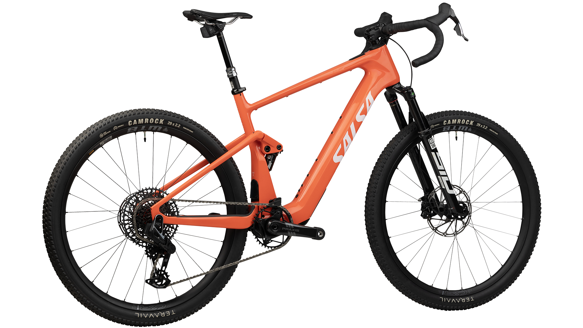 Salsa Wanderosa C Force XO AXS Full Susepension Gravel Ebike - Coral - Rear three quarter view