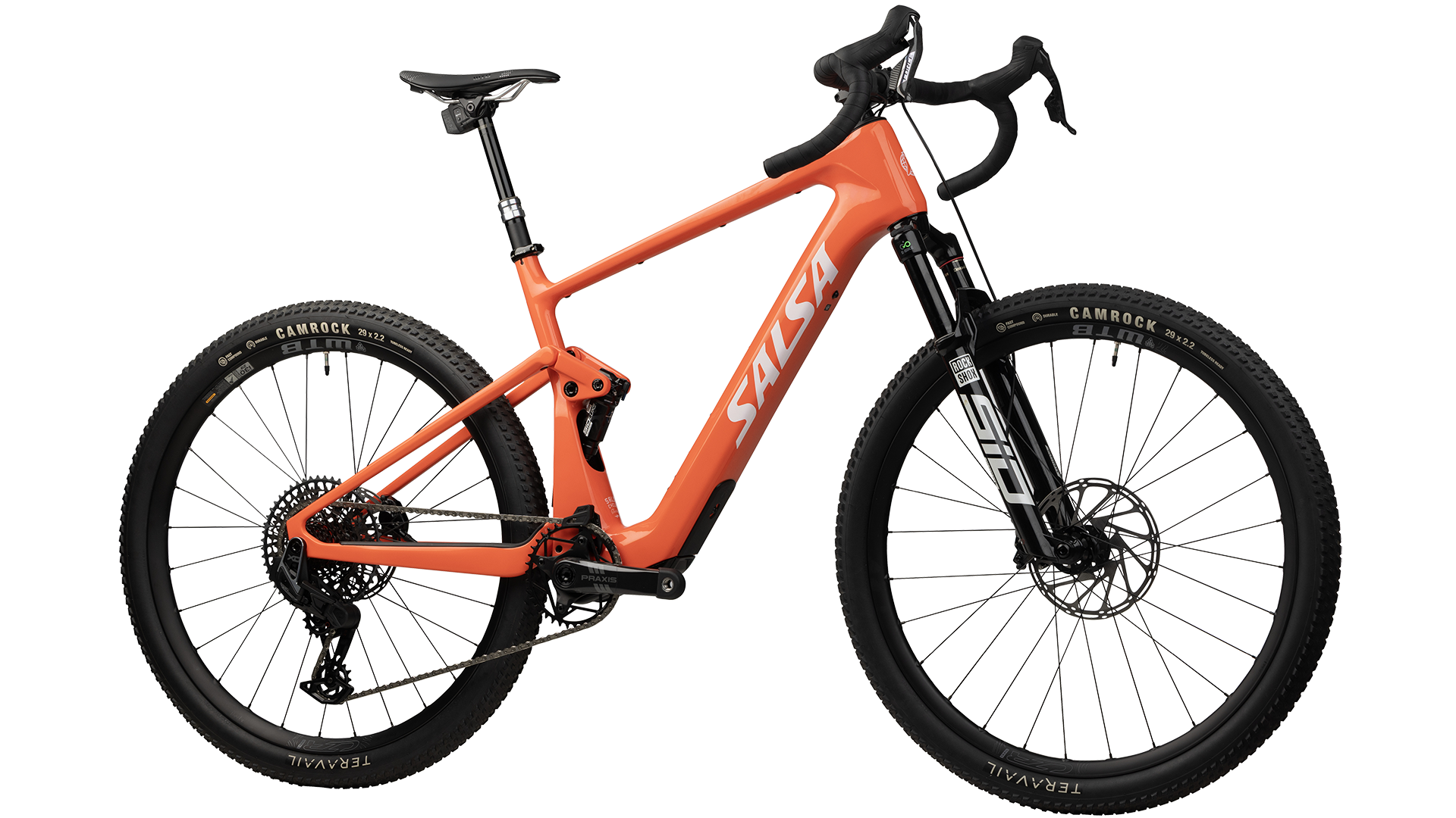 Salsa Wanderosa C Force XO AXS Full Susepension Gravel Ebike - Coral - Front three quarter view
