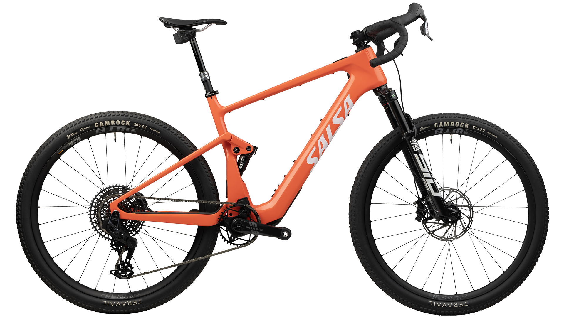 Salsa Wanderosa C Force XO AXS Full Susepension Gravel Ebike - Coral - Side view