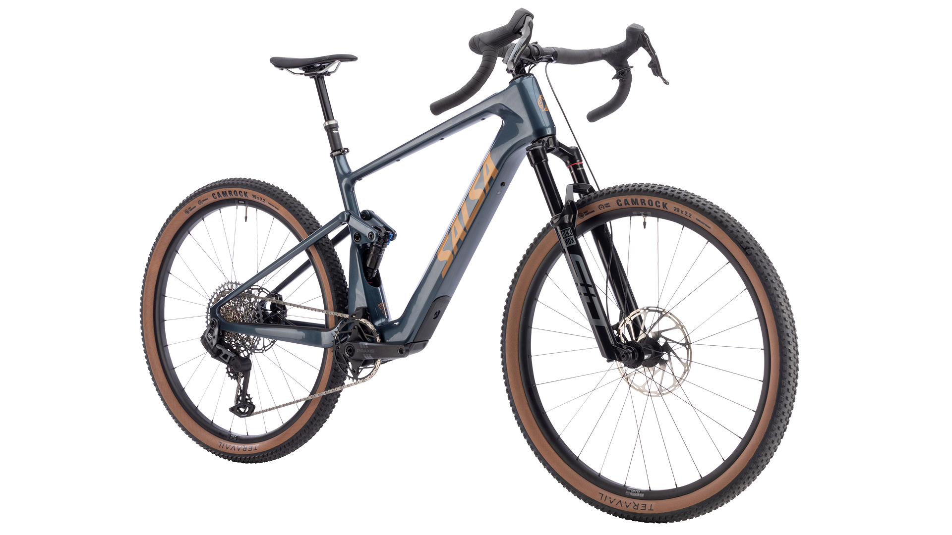 Salsa Wanderosa Rival GX AXS Full Suspension Ebike - Charcoal - Front three quarter view